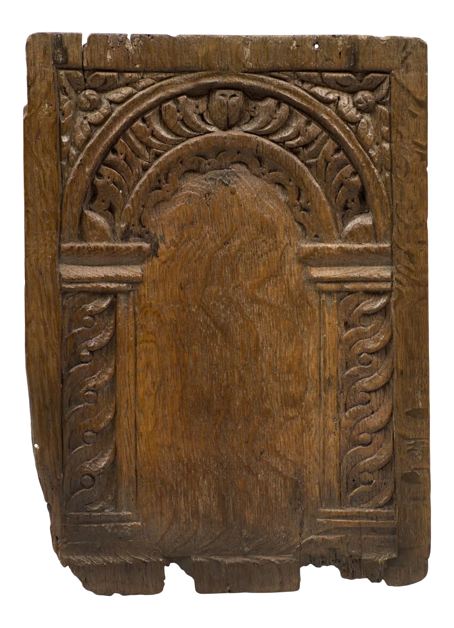 17th Century Oak Wall Panel Carving: Very early oak wall panel carving of an arch and carved columns. The back is chamfered, the whole with beautiful patina. Condition: Alterations: Unknown Imperfections: Some Imperfections Condition