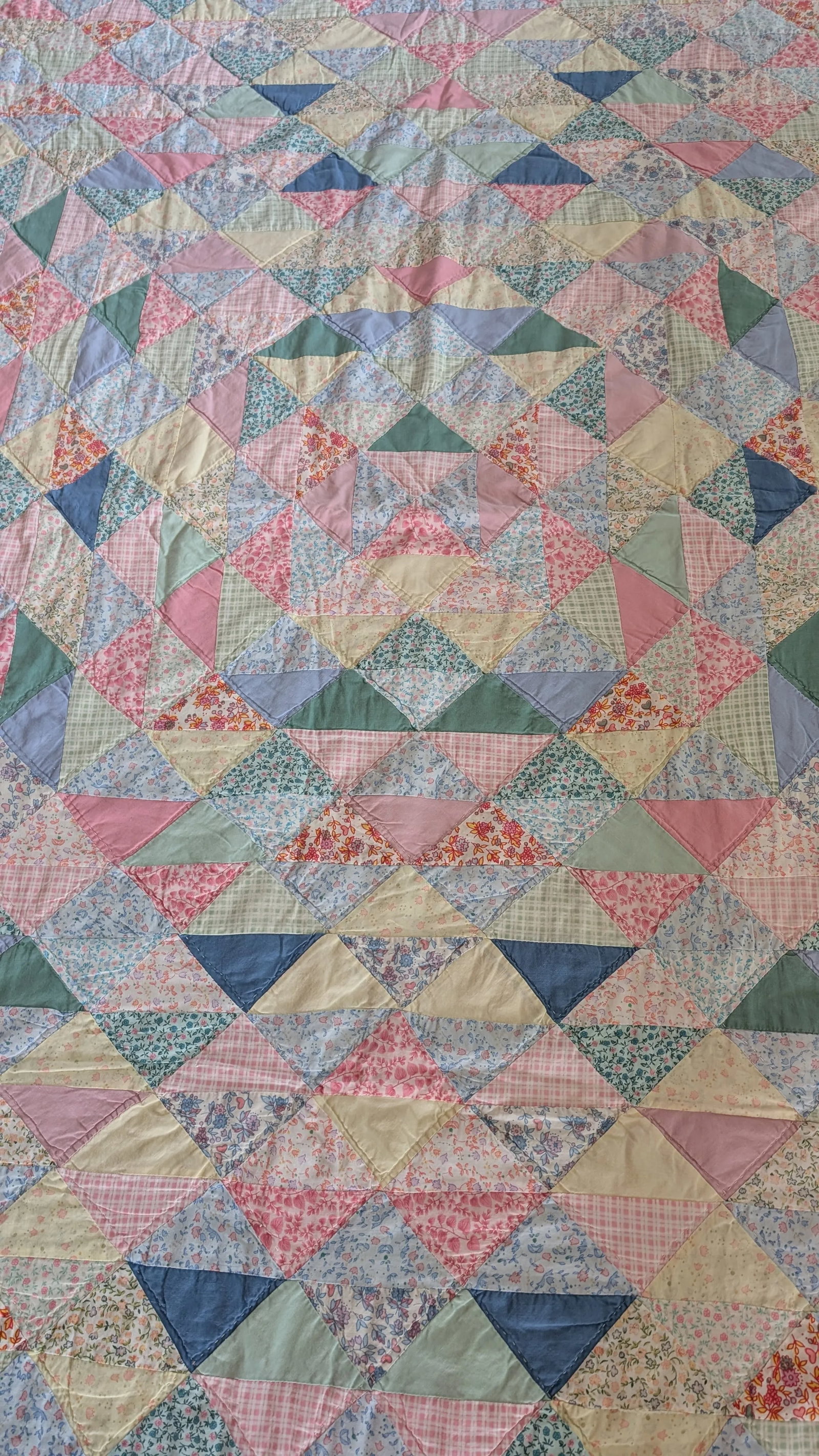 Vintage Handmade Irish Chain Postage Stamp Quilt With Wide Blue Border - 10