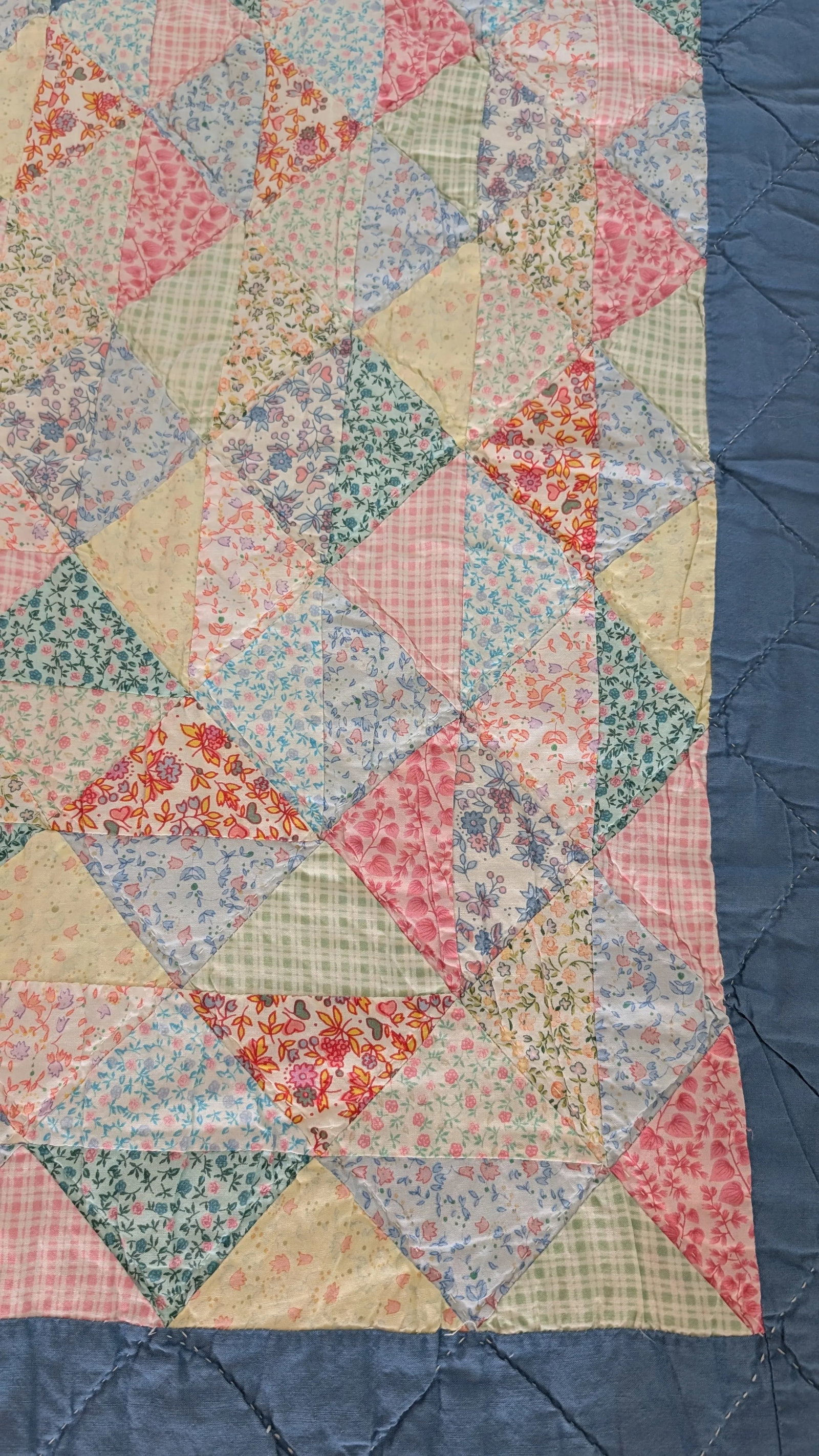 Vintage Handmade Irish Chain Postage Stamp Quilt With Wide Blue Border - 11
