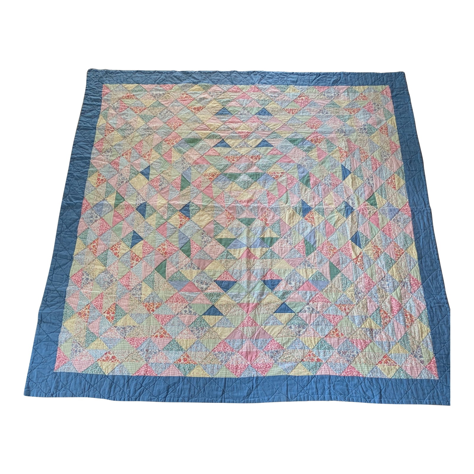 Vintage Handmade Irish Chain Postage Stamp Quilt With Wide Blue Border: Beautiful Vintage Irish Chain Postage Stamp/ (COTTON REEL) PASTEL Multi Color Handmade Quilt. Measures approx. 77" X 80" & features. wife Medium Blue Border & Solid Ivory Backing. This piece has been