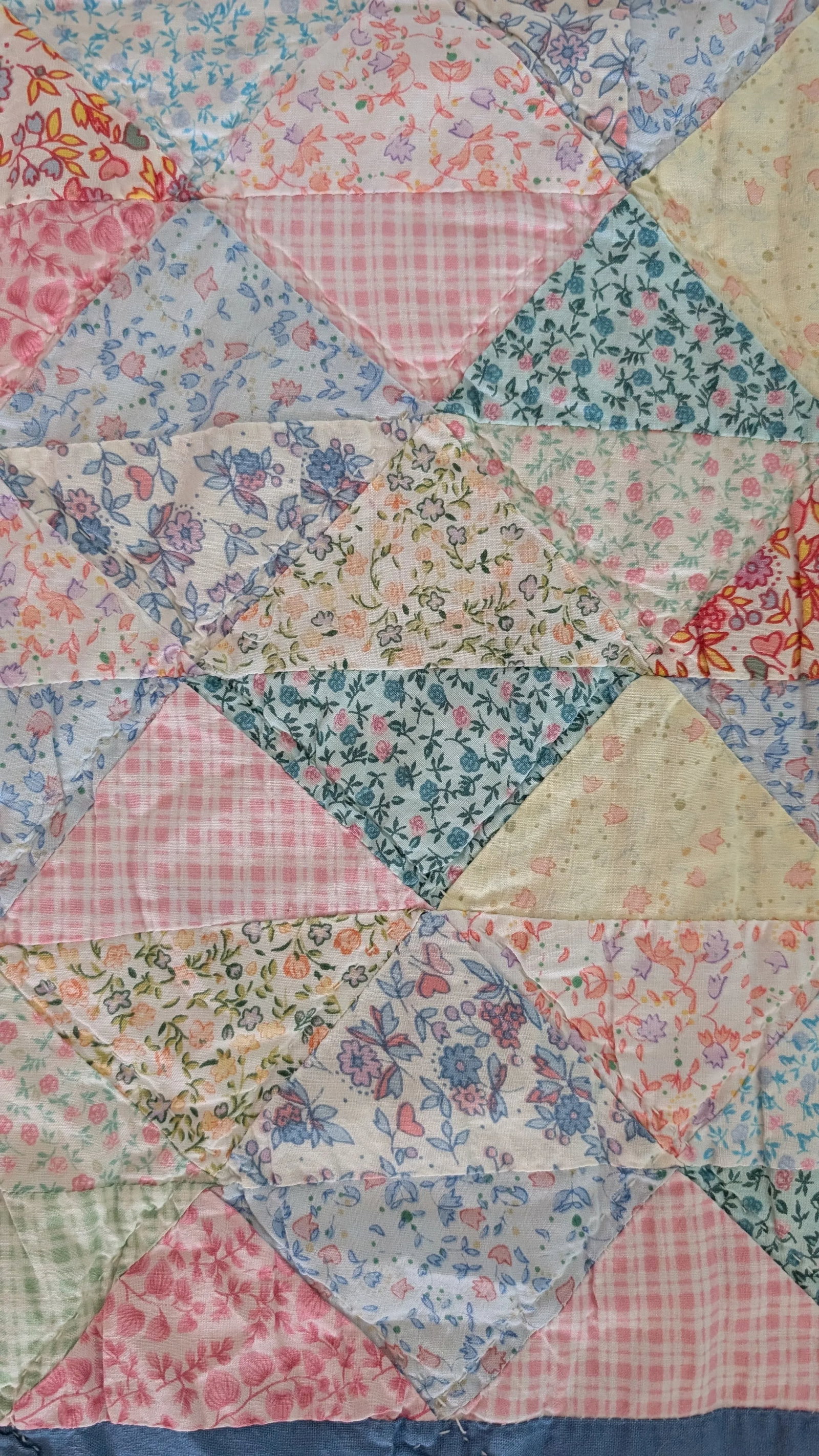 Vintage Handmade Irish Chain Postage Stamp Quilt With Wide Blue Border - 5
