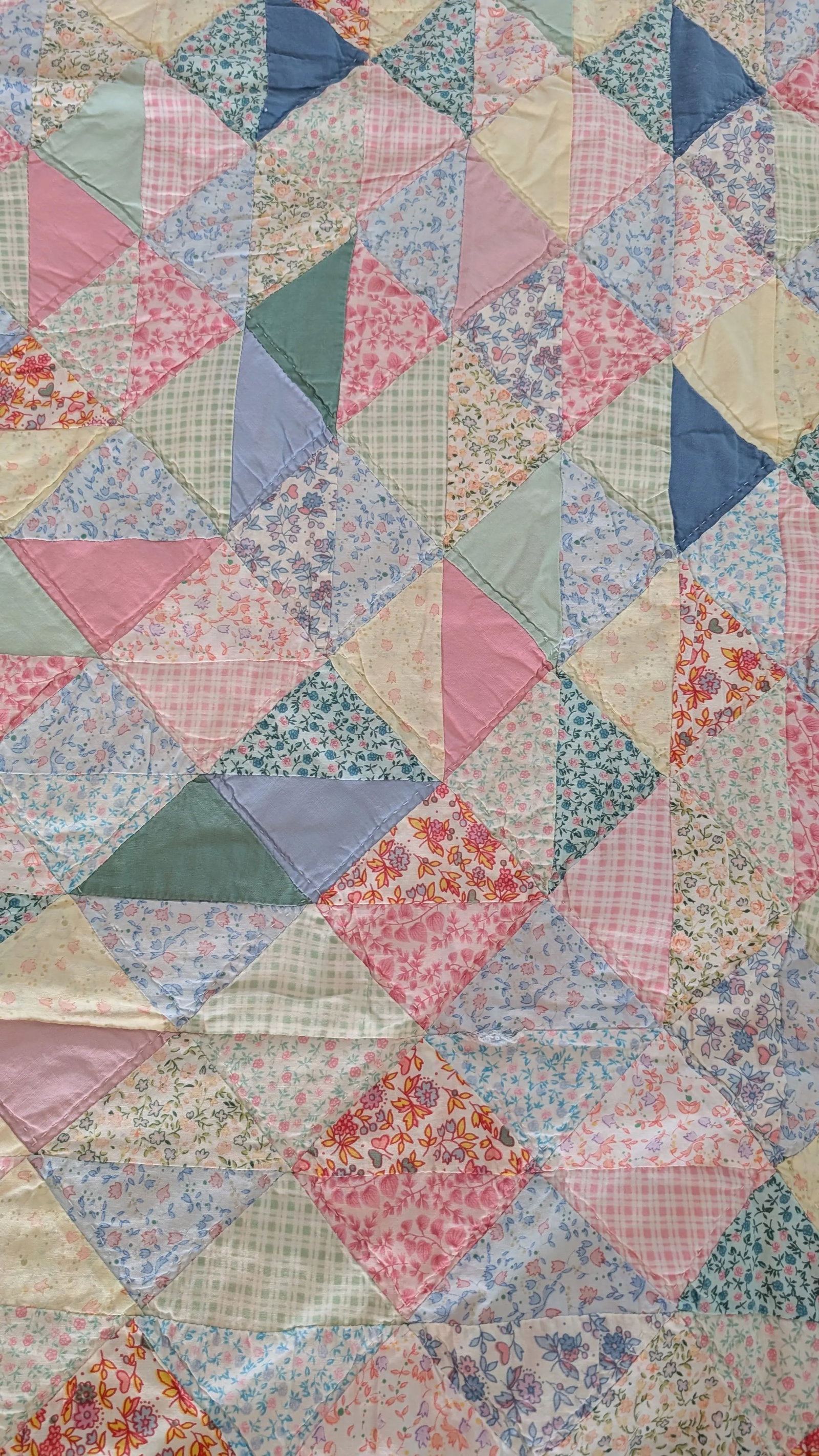 Vintage Handmade Irish Chain Postage Stamp Quilt With Wide Blue Border - 8