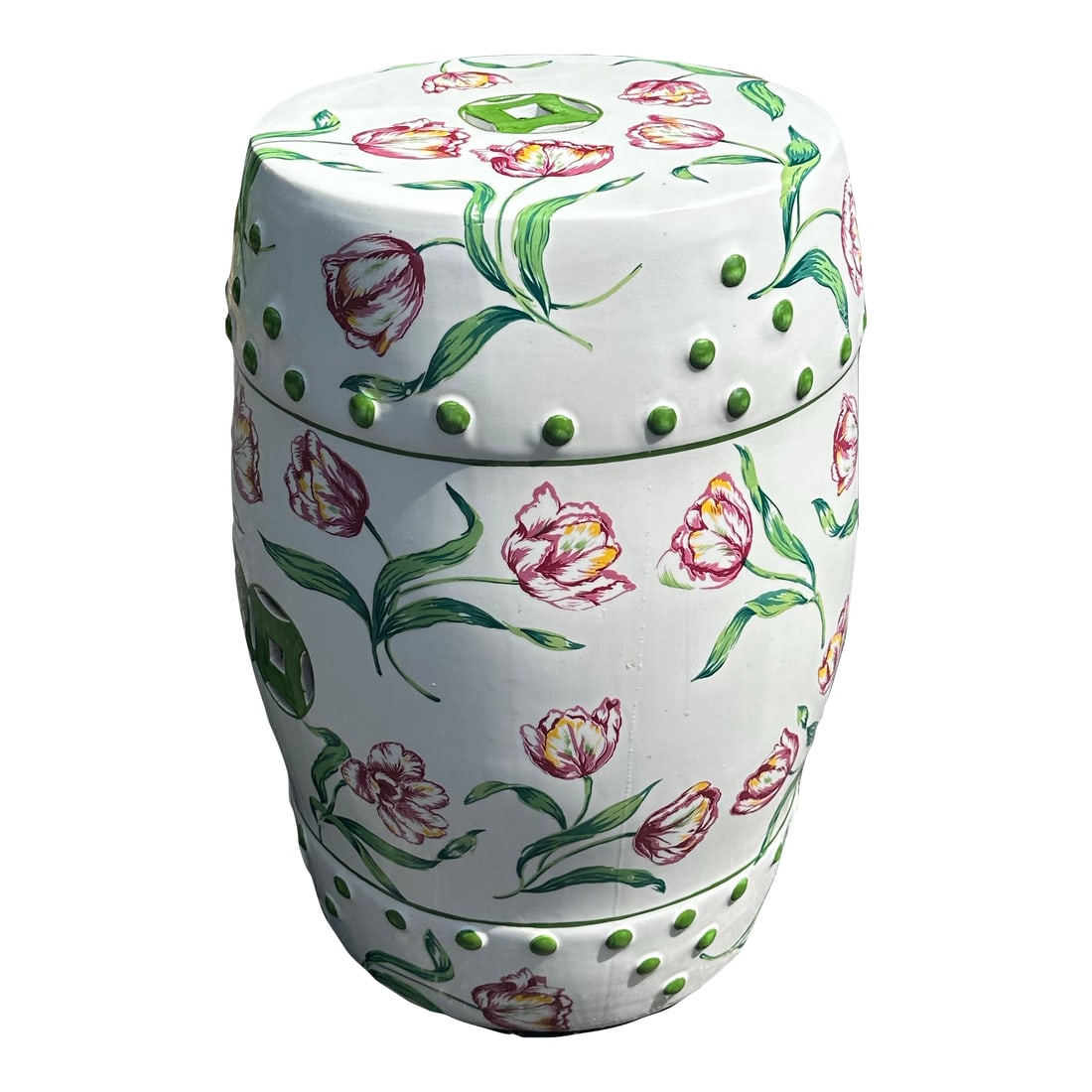 1980s Hand Painted Tulip Garden Seat: Cheerful hand painted green and pink tulip garden seat, with polka dot border. Measures18" h x 13"x 13". Ideal as a side, accent table, vanity, stool, or a seat to sit down and take on and off your