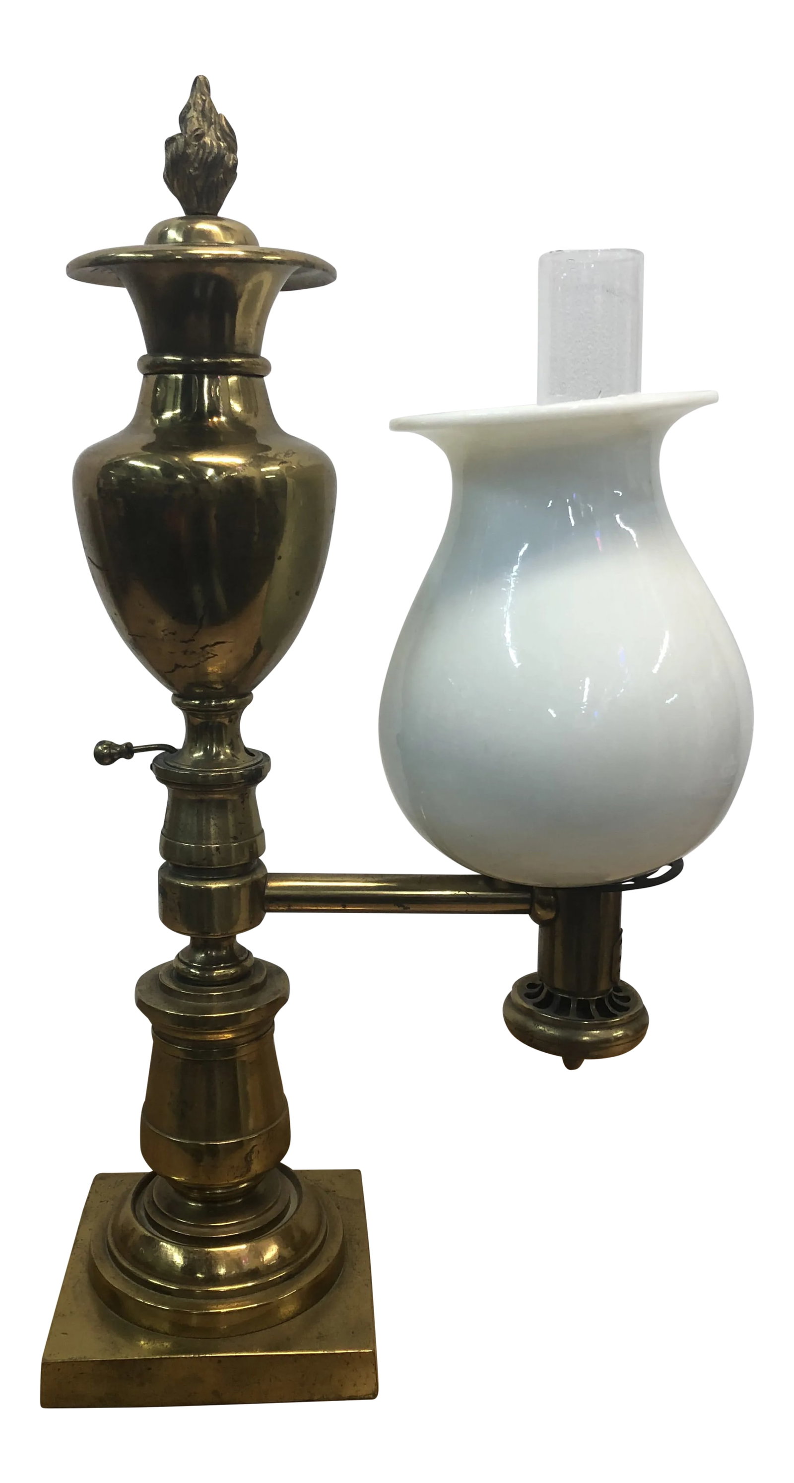 1950s Circa Argand Brass Glass Lamp: Vintage brass - glass working electric lamp Condition: Alterations: Original Condition Unaltered Imperfections: Some Imperfections Condition Notes: Wear consistent with age and use, some lovely
