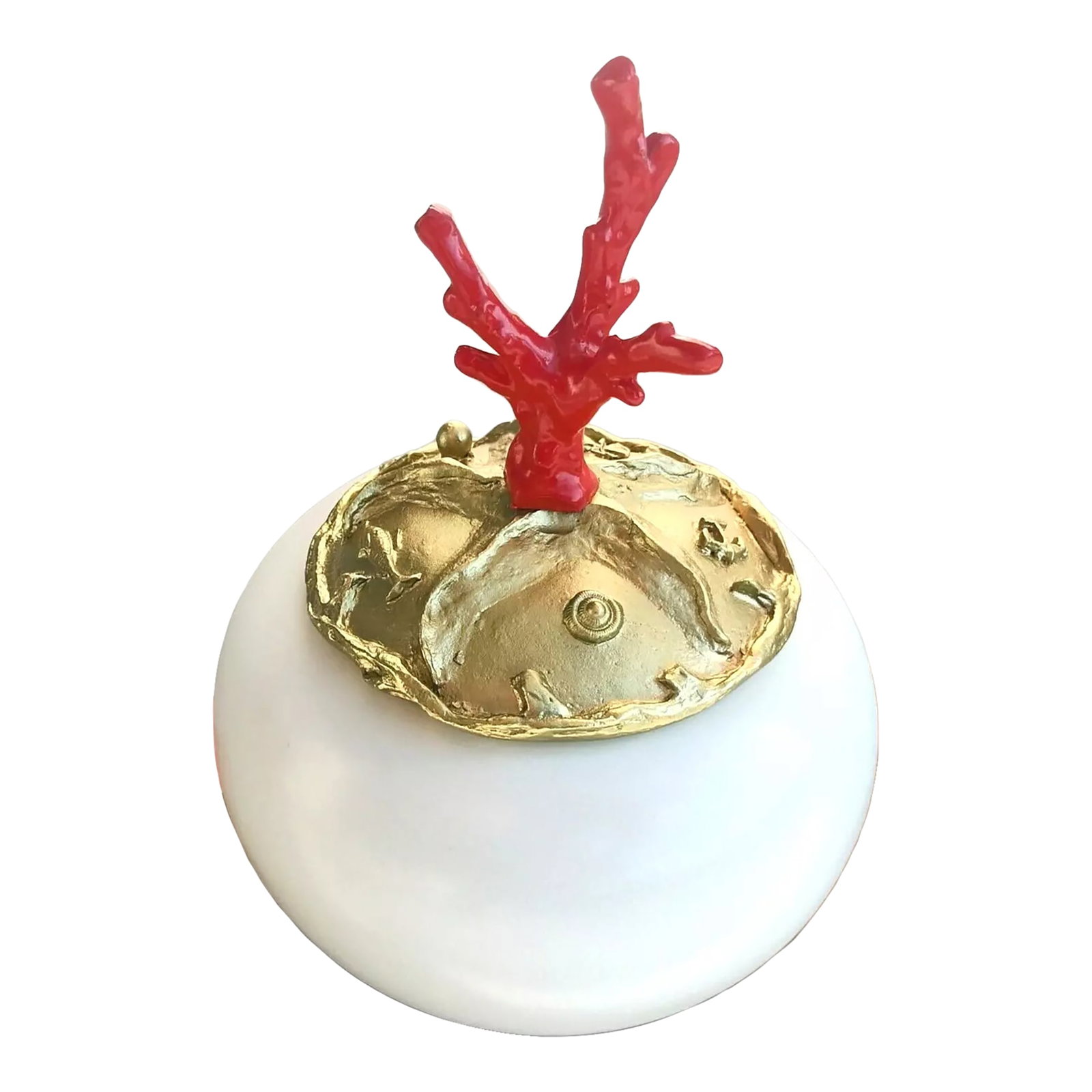One of a Kind Red Coral, Hand-Carved Gold Plated Lid Round Ceramic Box France: Martinetti Paris Cream Hand painted Ceramic Decorative Box with Carved Gold Plated Metal Top with Tall Coral Accent on Lid Handmade in France by Martinetti Paris. Luxury, high-end, designer home