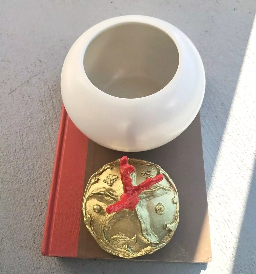 One of a Kind Red Coral, Hand-Carved Gold Plated Lid Round Ceramic Box France - 3