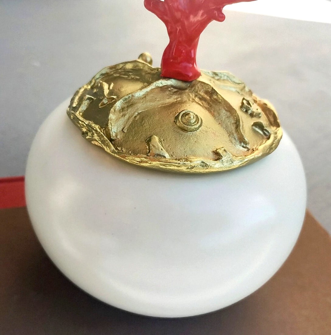 One of a Kind Red Coral, Hand-Carved Gold Plated Lid Round Ceramic Box France - 5