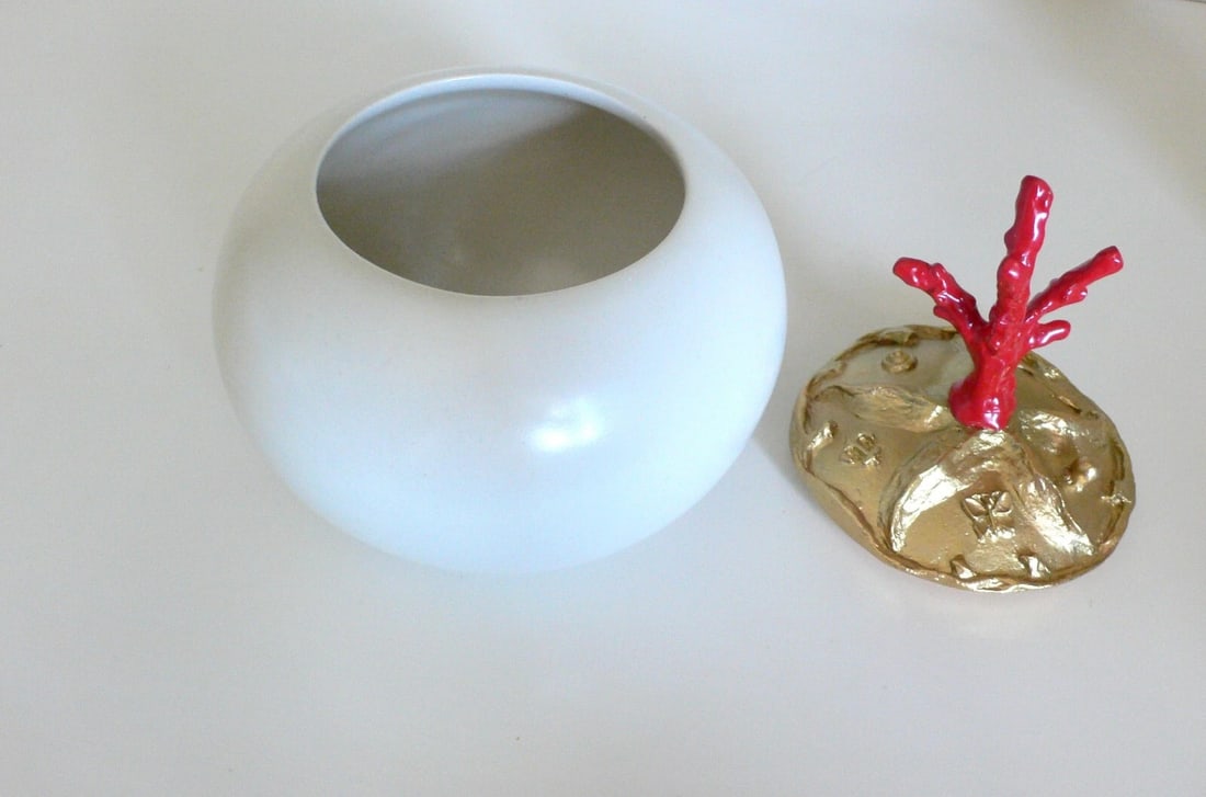 One of a Kind Red Coral, Hand-Carved Gold Plated Lid Round Ceramic Box France - 7