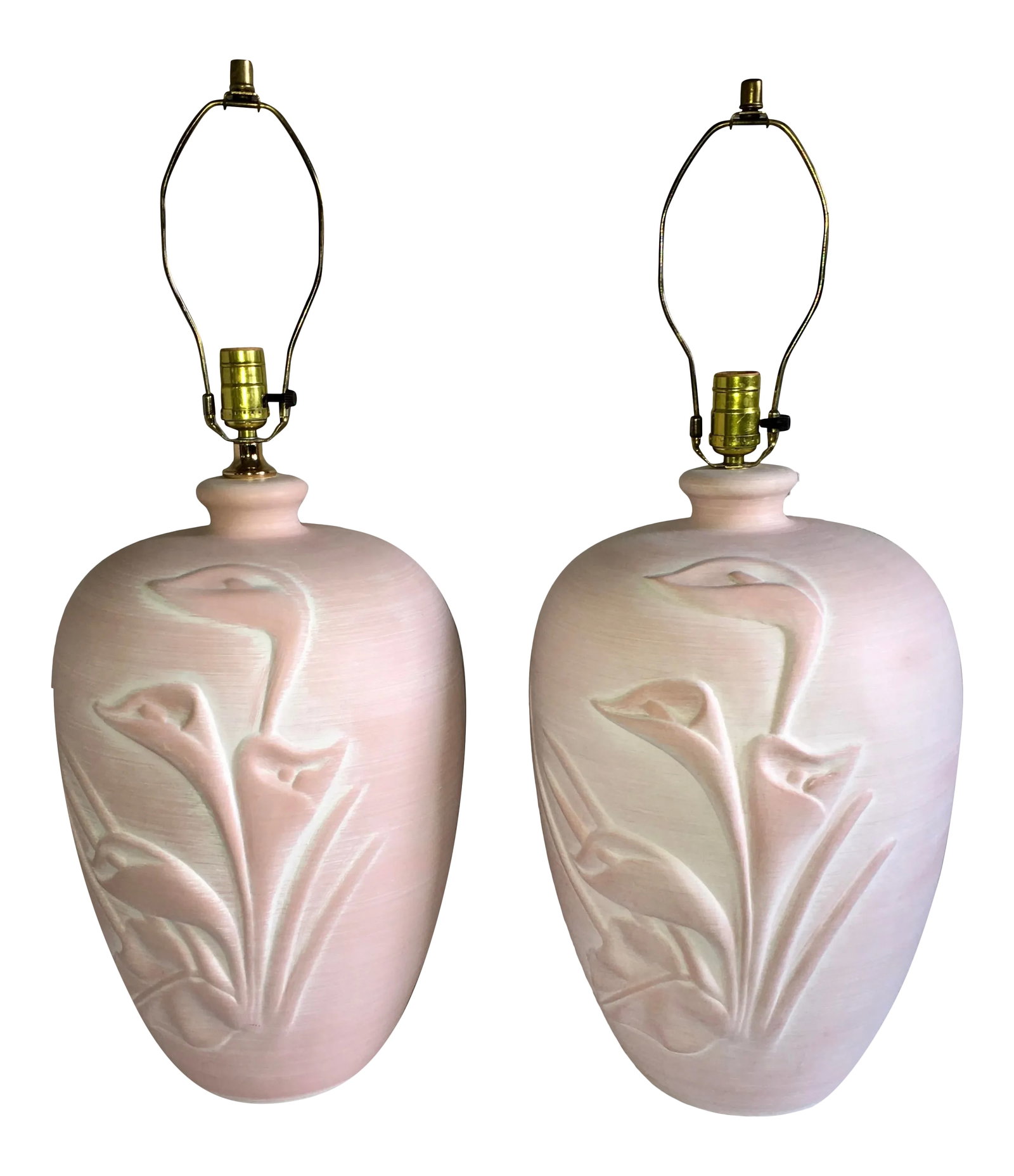 O'Keefe Style 1980's Calla Lily Hand Glazed Blush Pink Plaster Sculpted Table Lamps - A Pair: Calla lilies in pink, an iconic 1980's style. Lamps are in excellent condition with only minor evidence of prior use. Hand-glazed, the depth of color varies slightly and is scarcely noticeable when se