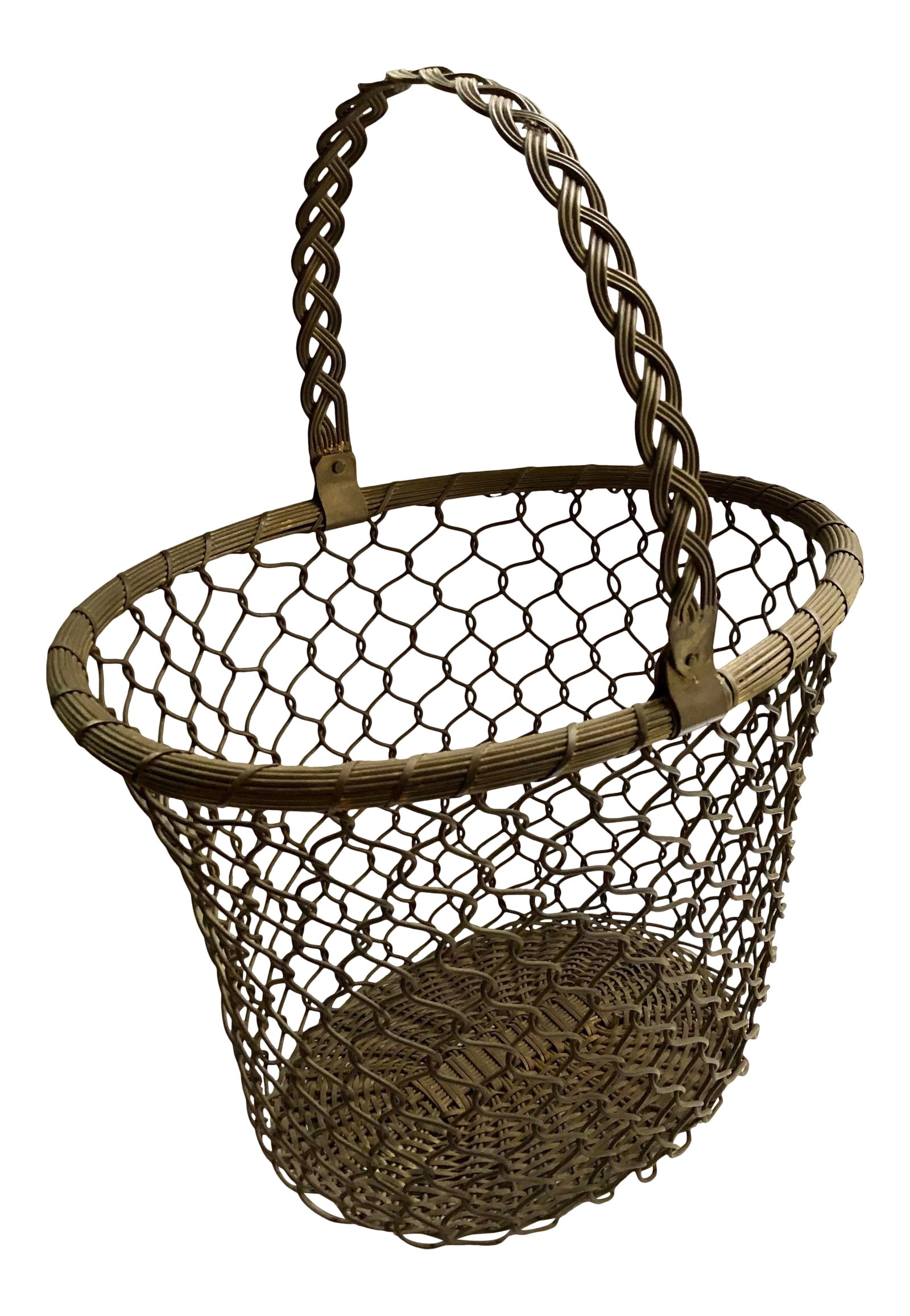 French Market Brass Wire Easter Basket: Mid Century French hand woven basket in the Style of Christofle, braided handle can be collapsed to 10.5". Basket 9" tall. Great for Easter decor or in a guest bath to hold soaps year round. Imagine l