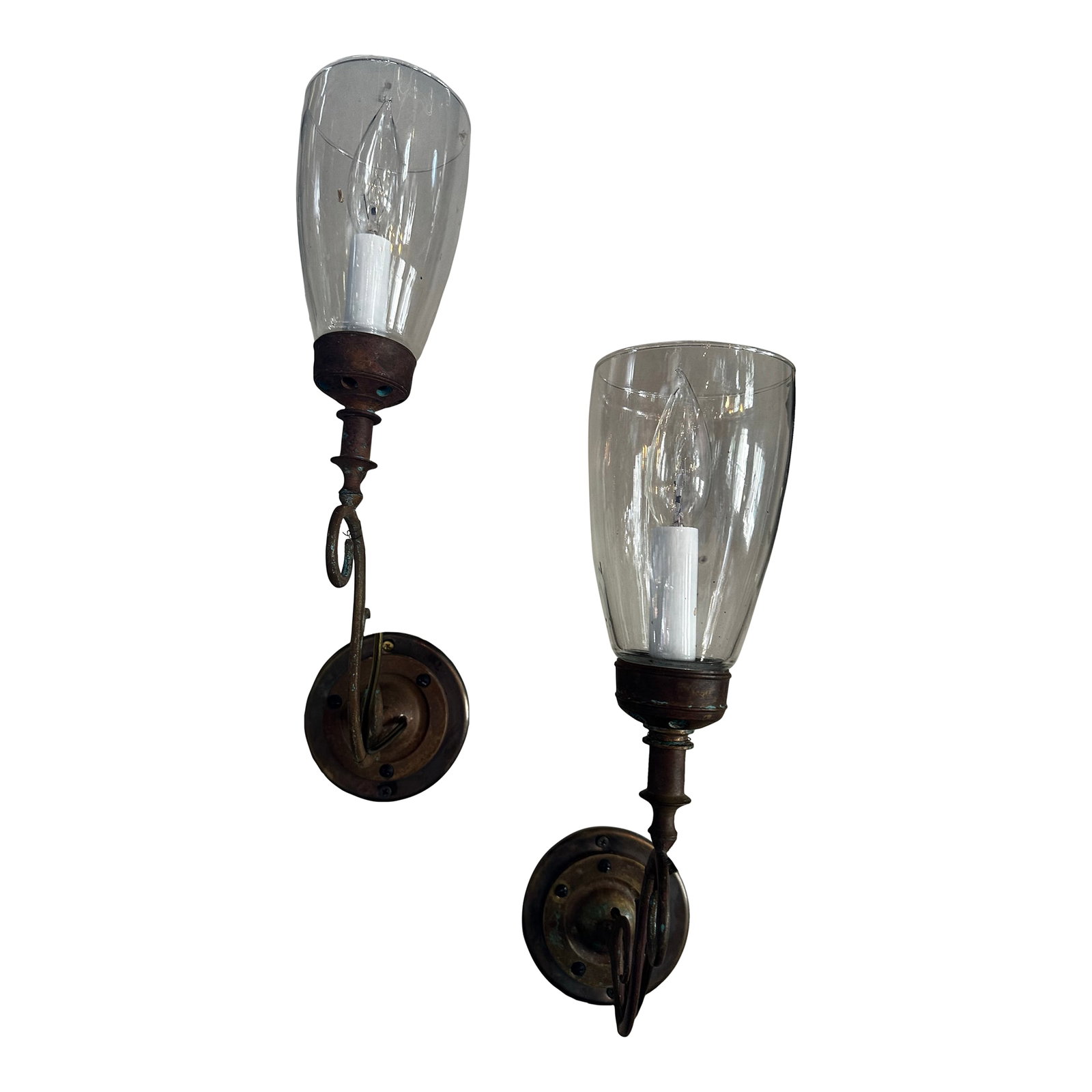Pair of Vintage Brass Federal Style Wall Sconces: Old Lights On is pleased to offer this pair of vintage brass federal style wall sconces with glass globes. They are wired and ready to install. We ship everywhere. An additional pair is available.