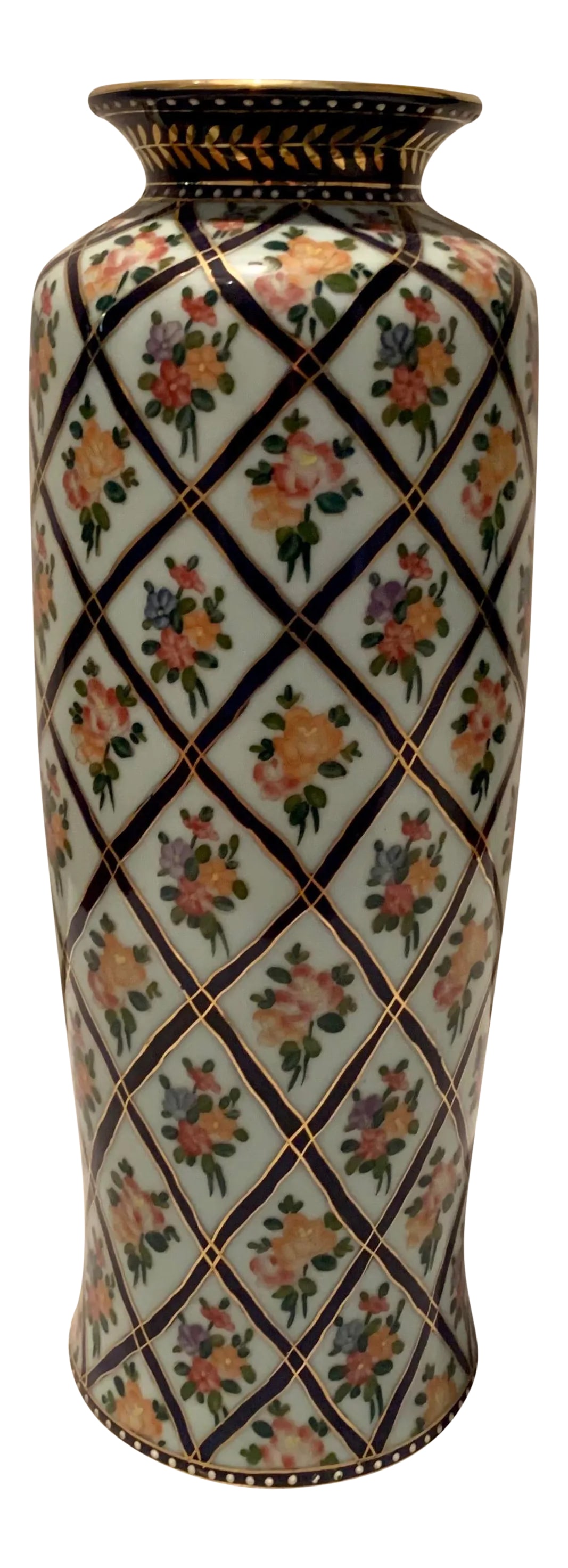Tall Hand Painted Flowers Porcelain Vase: Beautiful tall porcelain vase with painted flowers in a diamond lattice grillwork. Purchased from the 20th Century Prop house liquidation auction in 2008. This piece was used as a prop in many TV and