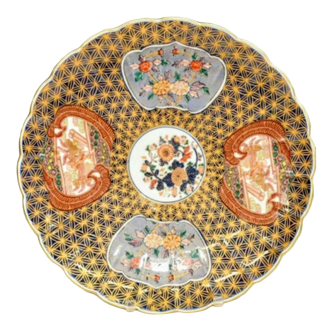 Mid-Century Japanese Imari Porcelain Charger: A beautiful vintage Japanese export porcelain Imari large sized charger, featuring undulating scalloped rim, circular foot base, five hand painted reserves with floral scenes, striking blue and gold e