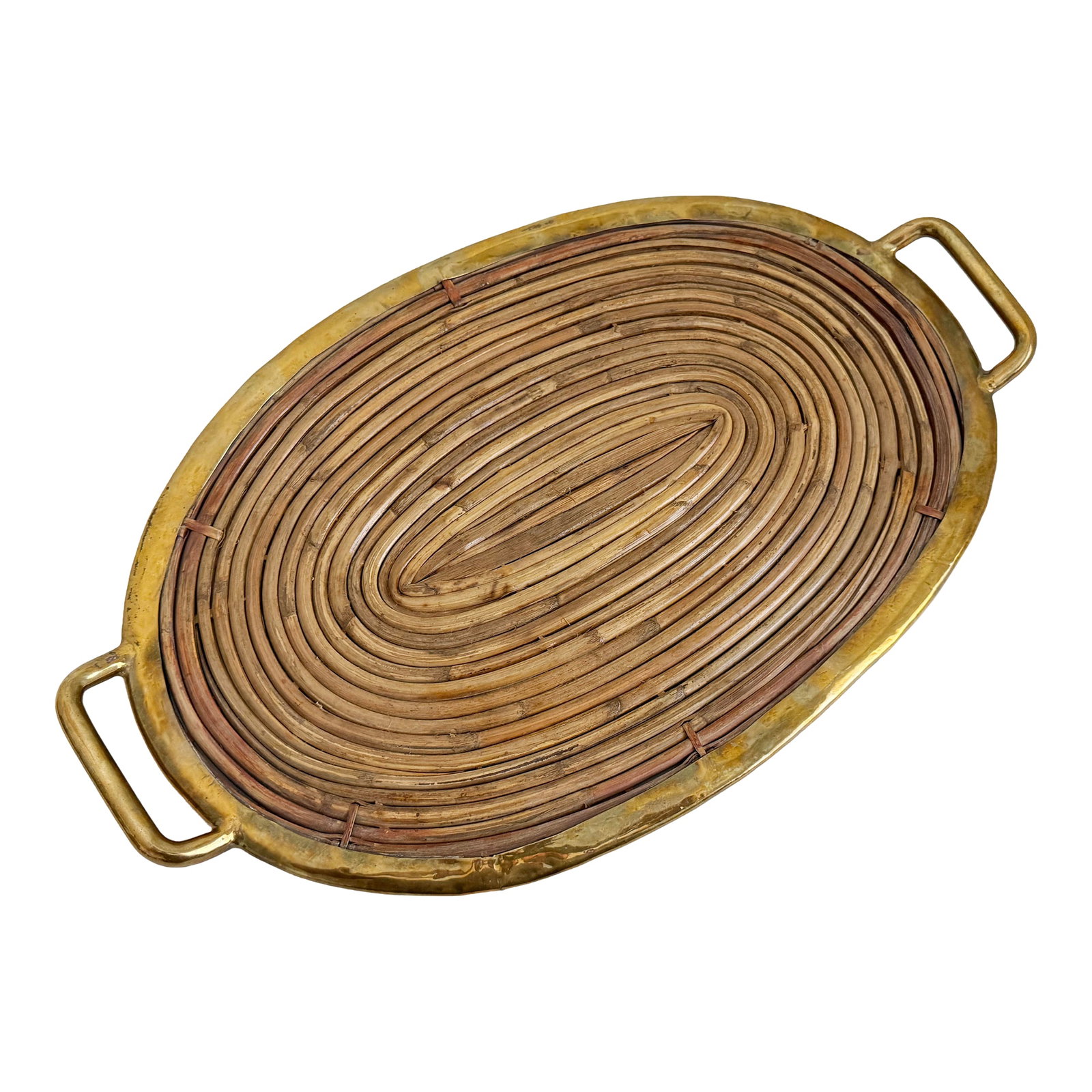 Large 1960s Oval Gabriella Crespie Style Reeded Brass Tray: Mid-Century 1960s oval tray made of coiled bamboo with brass frame and handles. In the manner of Gabriella Crespi. Unmarked. See my other listings to find two similar trays in different sizes.