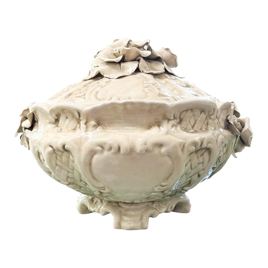 18th Century Italian Capodimonte-Style Tureen: 18th Century Italian Capodimonte-style Tureen. Footed base and a lid adorned with detailed, hand-molded white flowers. Matching platter available. See photographs. Condition: Alterations: Original