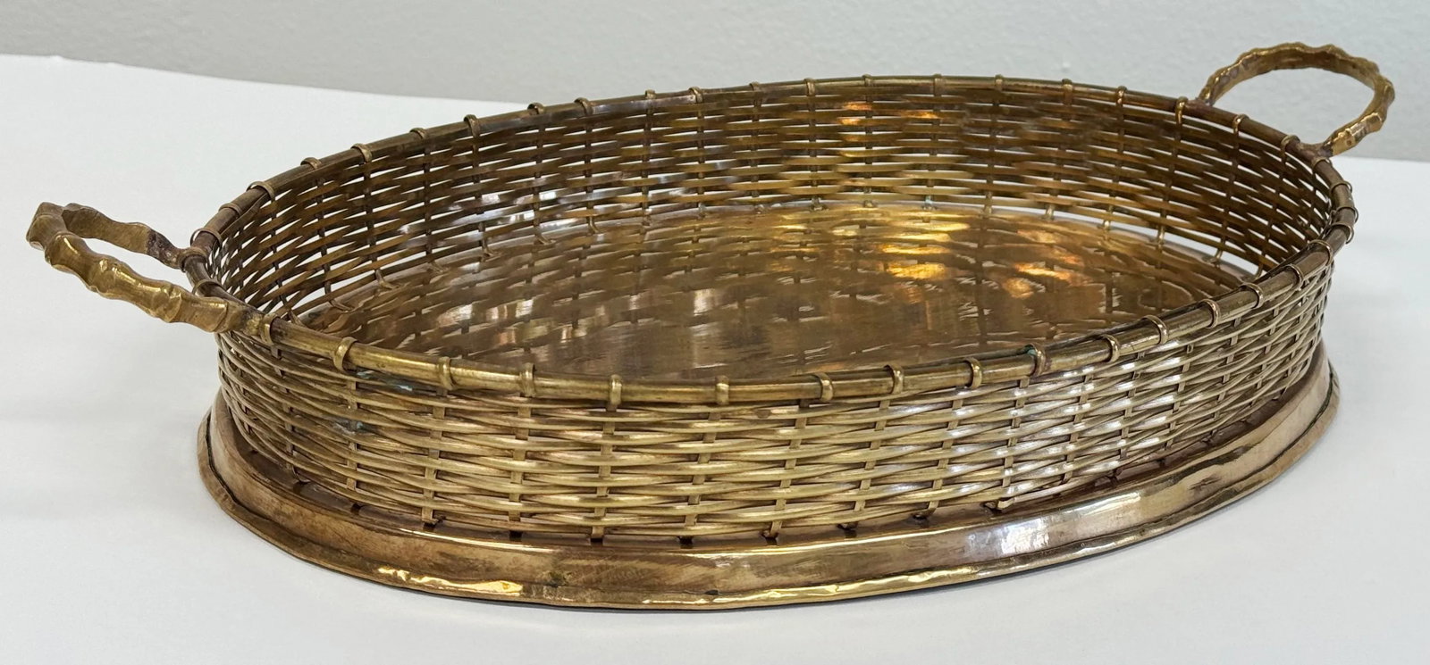 Vintage Brass Handled Tray With Basketweave Detail - 4
