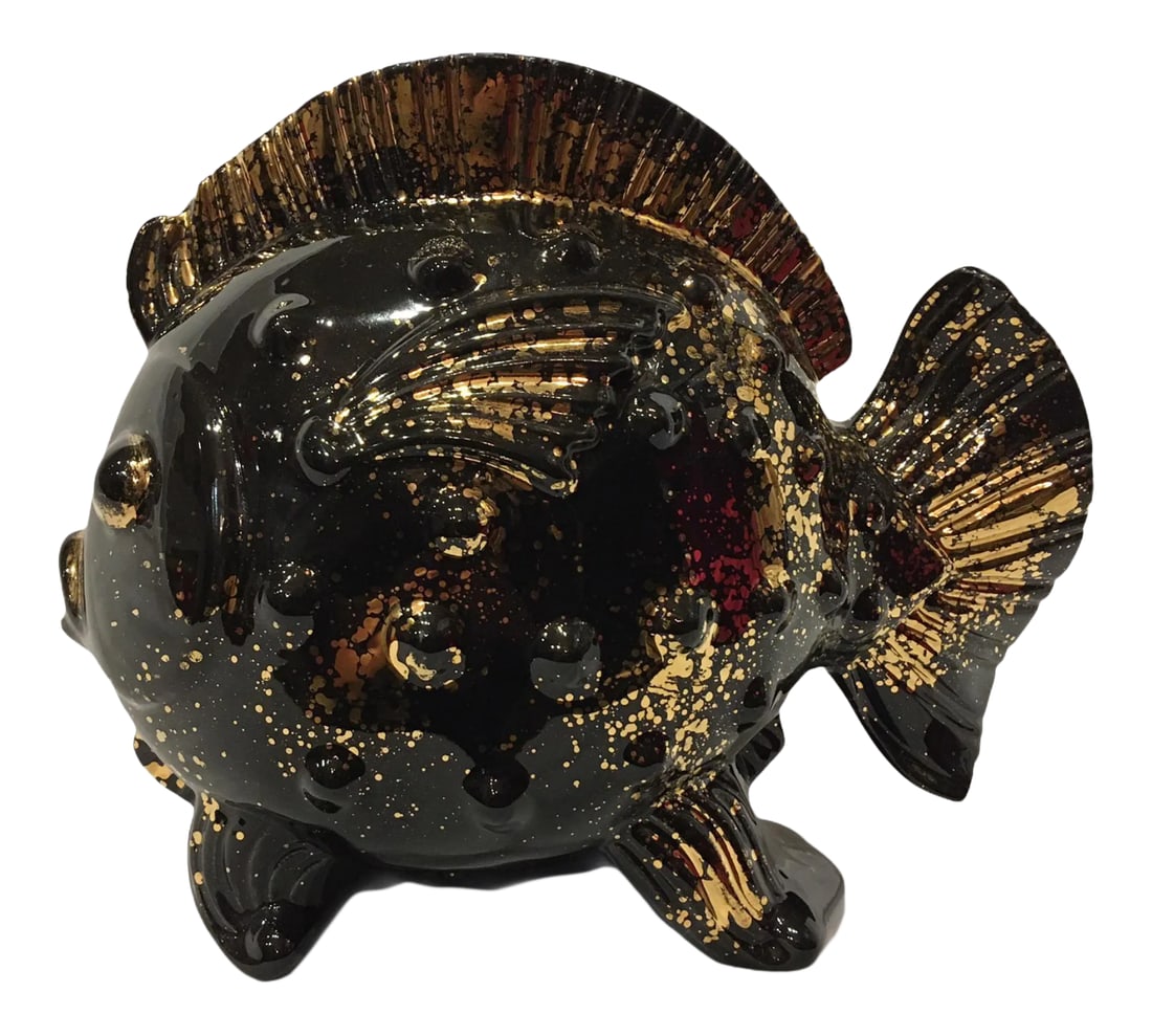 Vintage Mid-Century Black Goldfish Planter: Beautiful mid-century planter depicting a goldfish. Features a gloss black ceramic body excepted with gold flakes. Condition: Alterations: Original Condition Unaltered Imperfections: Some