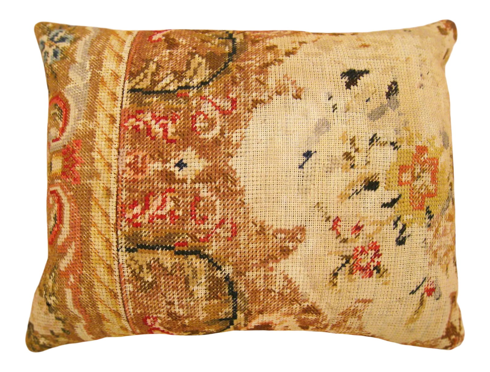 Art Deco Decorative English Needlepoint Pillow: A vintage decorative pillow with a directional floral pattern, size 20" x 16" (1'8" x 1'4"), with one side featuring a segment of an antique English needlepoint carpet, and the other side being