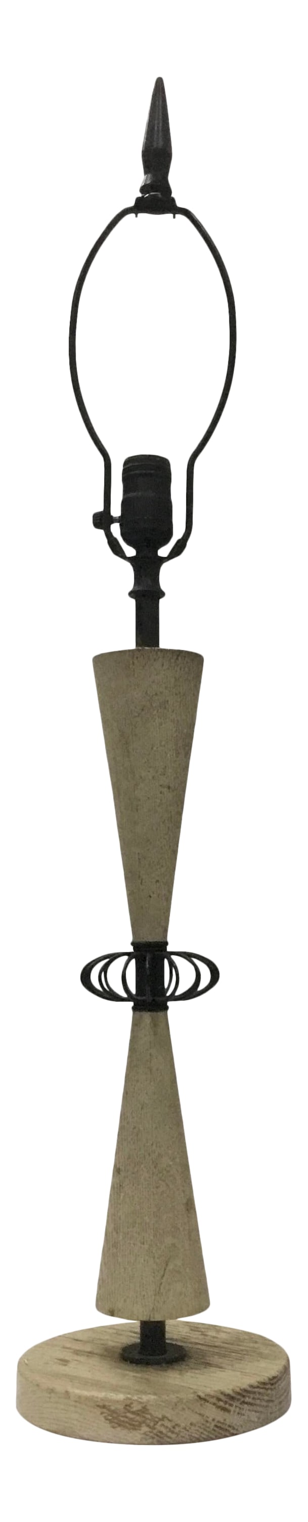 1950 Vintage Table Lamp: Fun mid-century painted wood and metal lamp . Off-white painted oak base and body with black metal accents . Weighted base . Paint is very distressed , can easily be re- painted , but I like it as is