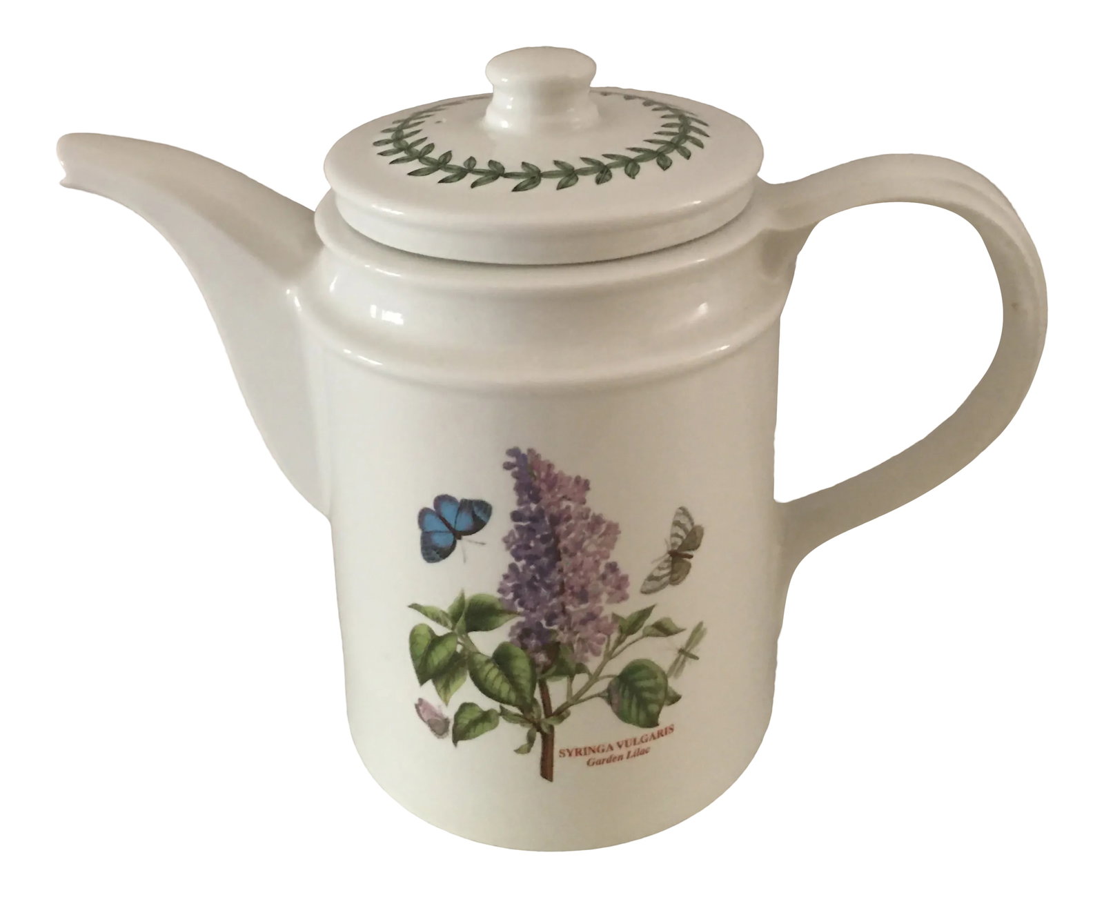 1990s Portmeirion Botanical Garden Coffee Pot: Portmeirion Botanical Garden 5 1/2 cup coffee pot, in "Garden Lilac" pattern. Made in Britain. Measures 7.25" high x 9.5" wide x 5" deep. No evidence of ever being used. pristine condition. Thank