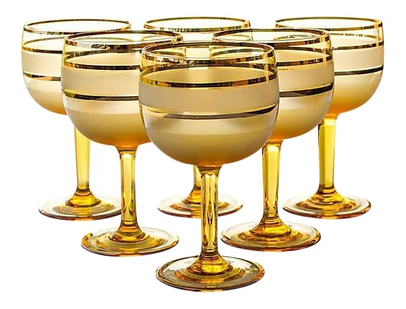 Midcentury Gold-Banded Glasses- Set of 6: Set of six midcentury brown frosted wineglasses with gilded rims. No maker's mark. This beautiful set ships within 1-2 business days from purchase, and to be received within 2-4 business days from