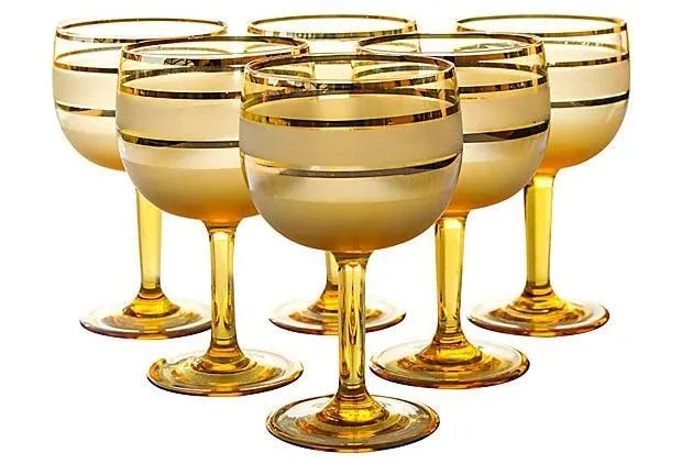 Midcentury Gold-Banded Glasses- Set of 6 - 6