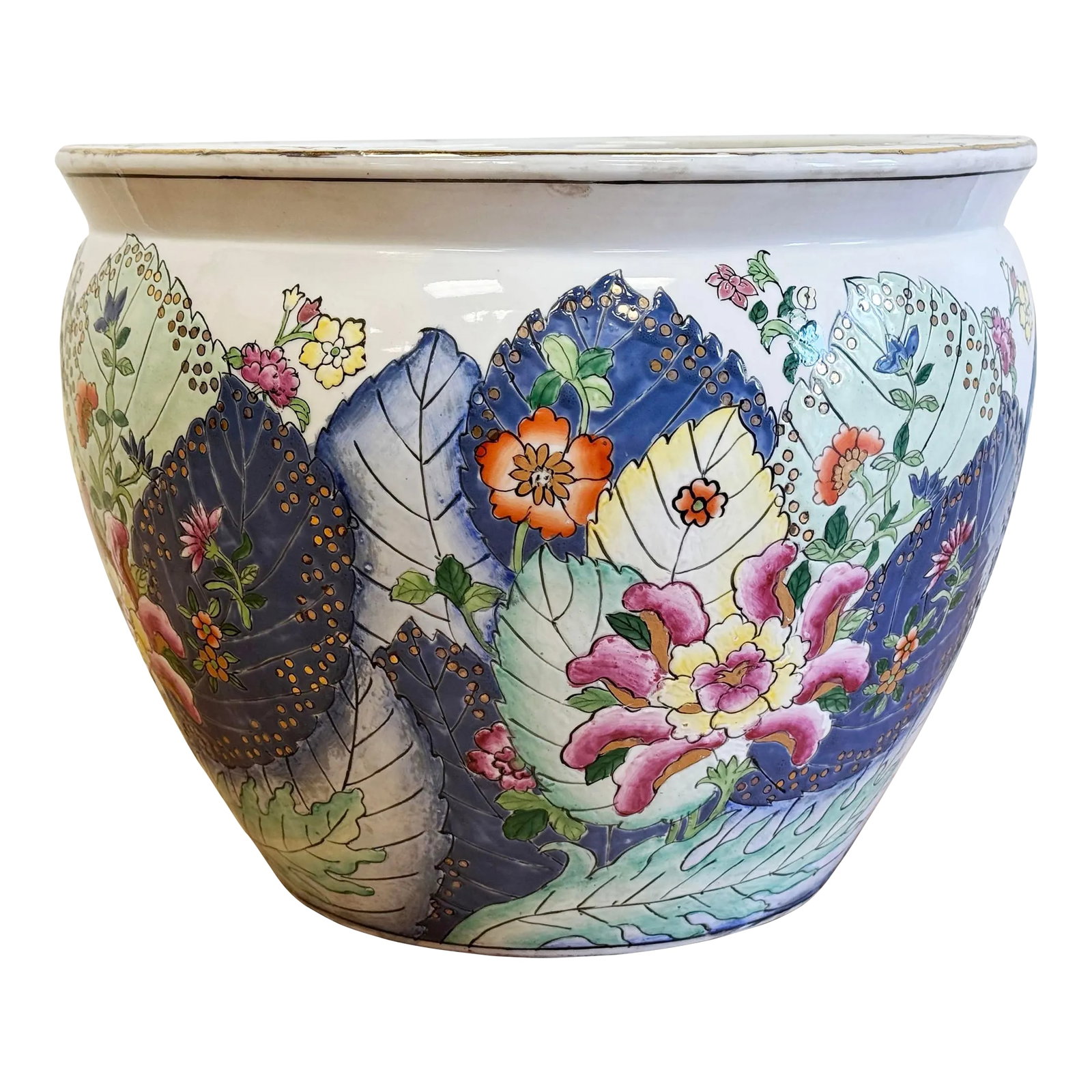 Vintage Chinoiserie Style Tobacco Leaf Fish Bowl Planter: Large Chinese hand-painted fish bowl or planter features a classic tobacco leaf design in deep cobalt blue with rust red, aqua and gold highlights on a white ground. Whimsical Koi fish embellish the