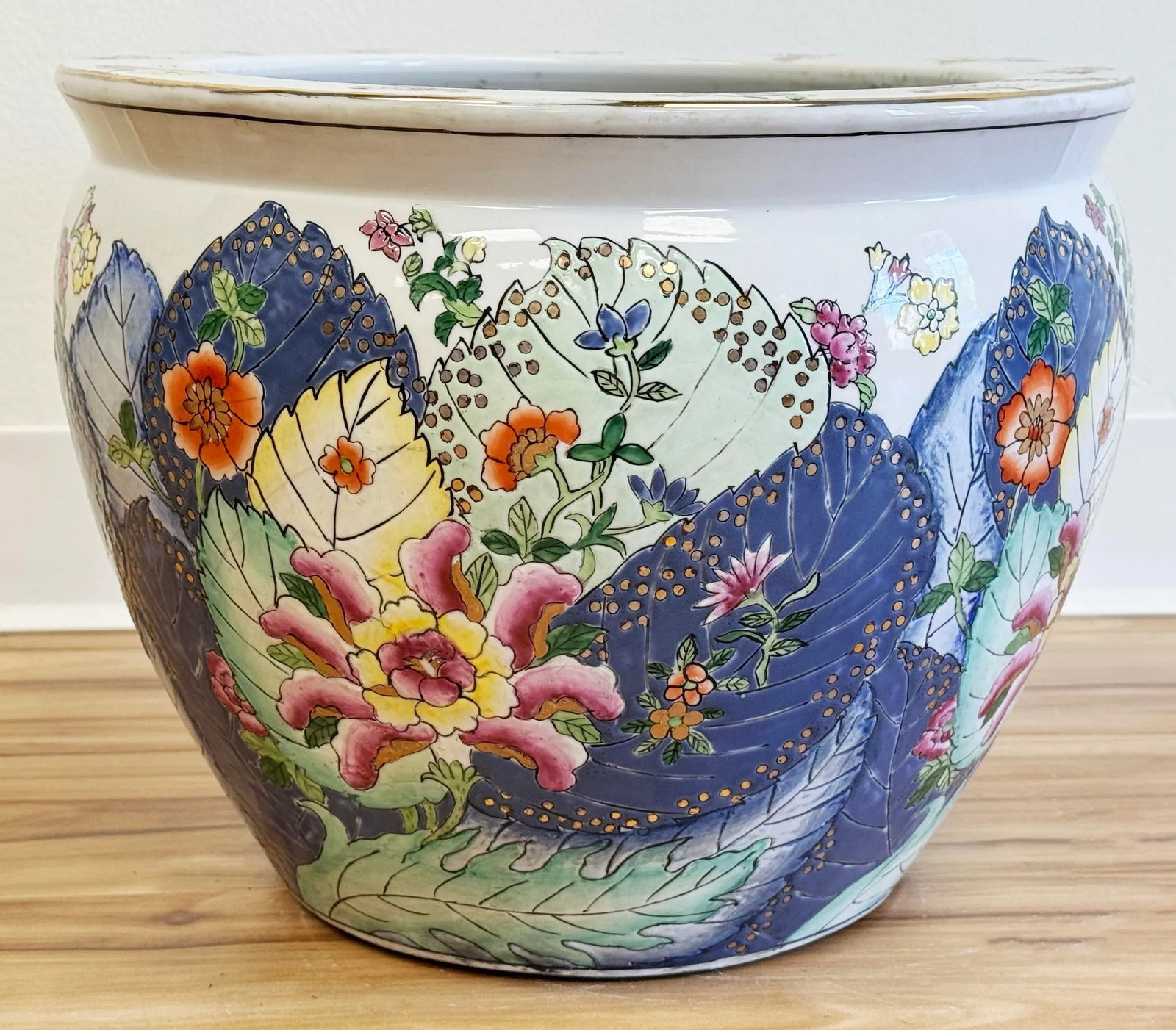 Vintage Chinoiserie Style Tobacco Leaf Fish Bowl Planter - 6