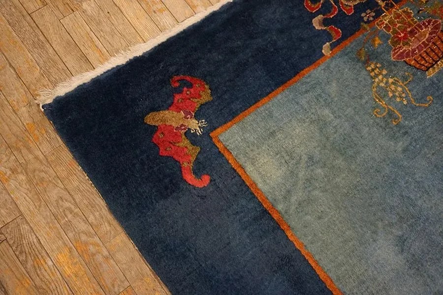 1920s Cornflowers Blue Minimalist Floral Antique Chinese Art Deco Carpet 8' X 9'9" Knotted Wool Rug - 10