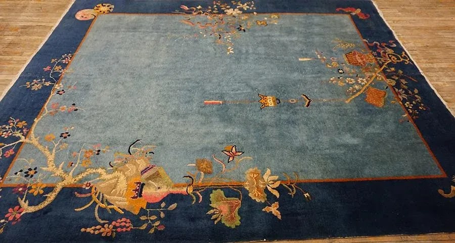 1920s Cornflowers Blue Minimalist Floral Antique Chinese Art Deco Carpet 8' X 9'9" Knotted Wool Rug - 12