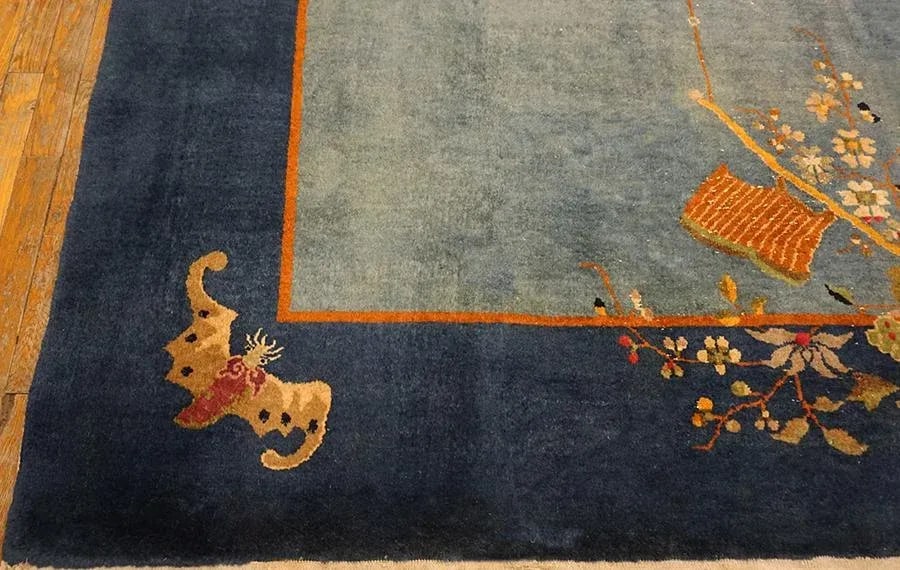 1920s Cornflowers Blue Minimalist Floral Antique Chinese Art Deco Carpet 8' X 9'9" Knotted Wool Rug - 13