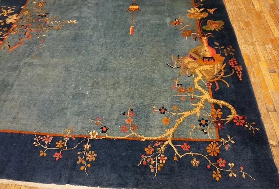 1920s Cornflowers Blue Minimalist Floral Antique Chinese Art Deco Carpet 8' X 9'9" Knotted Wool Rug - 14