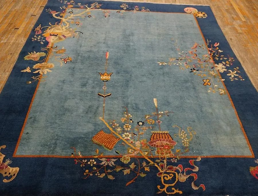1920s Cornflowers Blue Minimalist Floral Antique Chinese Art Deco Carpet 8' X 9'9" Knotted Wool Rug - 15