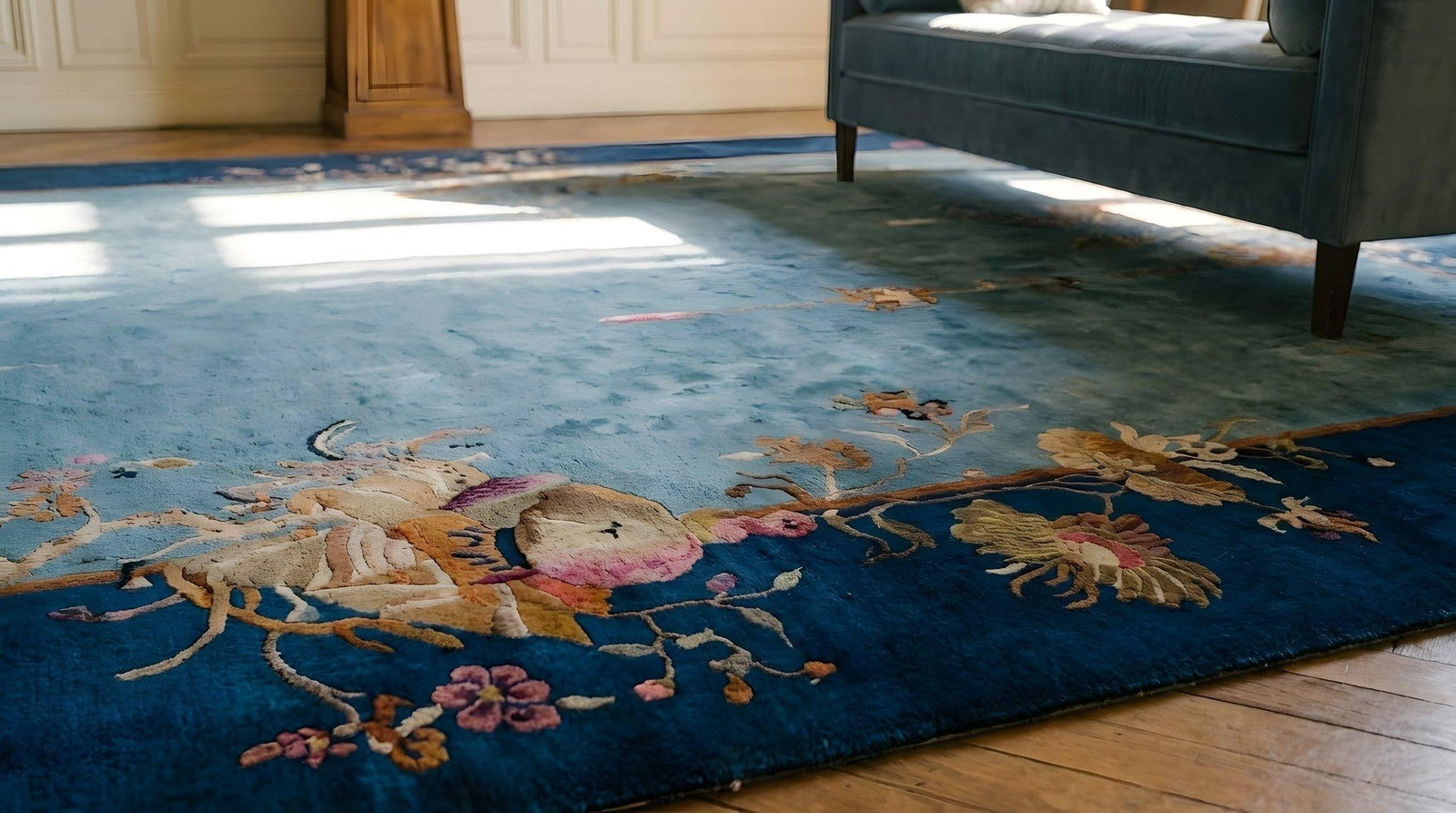 1920s Cornflowers Blue Minimalist Floral Antique Chinese Art Deco Carpet 8' X 9'9" Knotted Wool Rug - 16