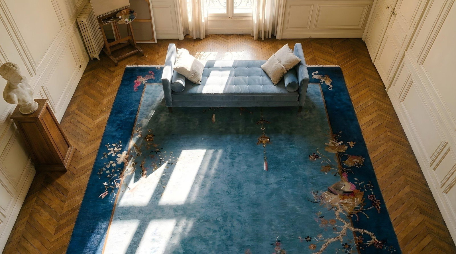 1920s Cornflowers Blue Minimalist Floral Antique Chinese Art Deco Carpet 8' X 9'9" Knotted Wool Rug - 17