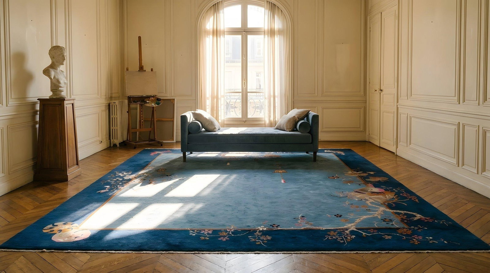 1920s Cornflowers Blue Minimalist Floral Antique Chinese Art Deco Carpet 8' X 9'9" Knotted Wool Rug - 18