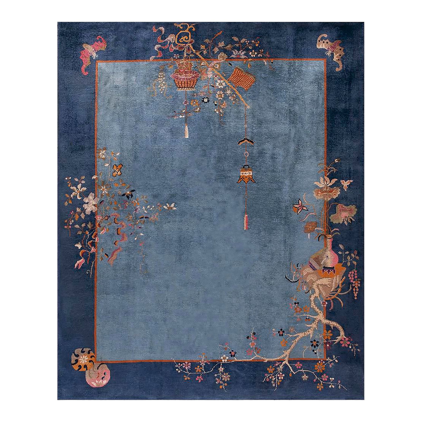 1920s Cornflowers Blue Minimalist Floral Antique Chinese Art Deco Carpet 8' X 9'9" Knotted Wool Rug: 1920s Chinese Art Deco Carpet ( 8' x 9'9" - 244 x 298 ) 1920s Rectangle Hand Knotted Pile Wool Floral Antique Blue Rug, Circa Date: 1920s. This exceptional piece exemplifies the sophisticated design