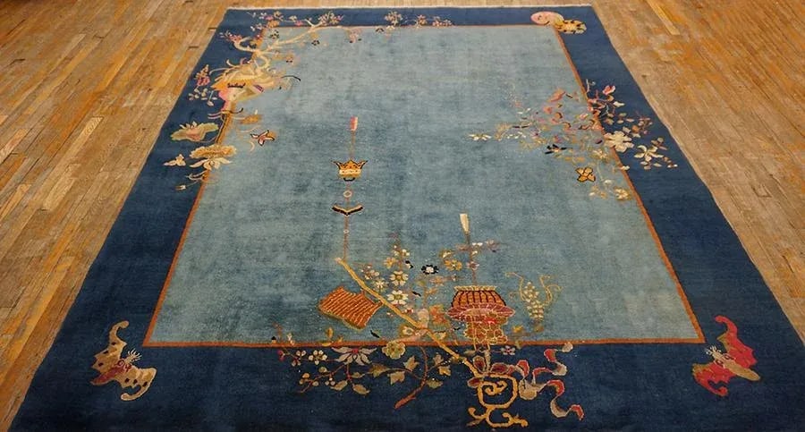 1920s Cornflowers Blue Minimalist Floral Antique Chinese Art Deco Carpet 8' X 9'9" Knotted Wool Rug - 2