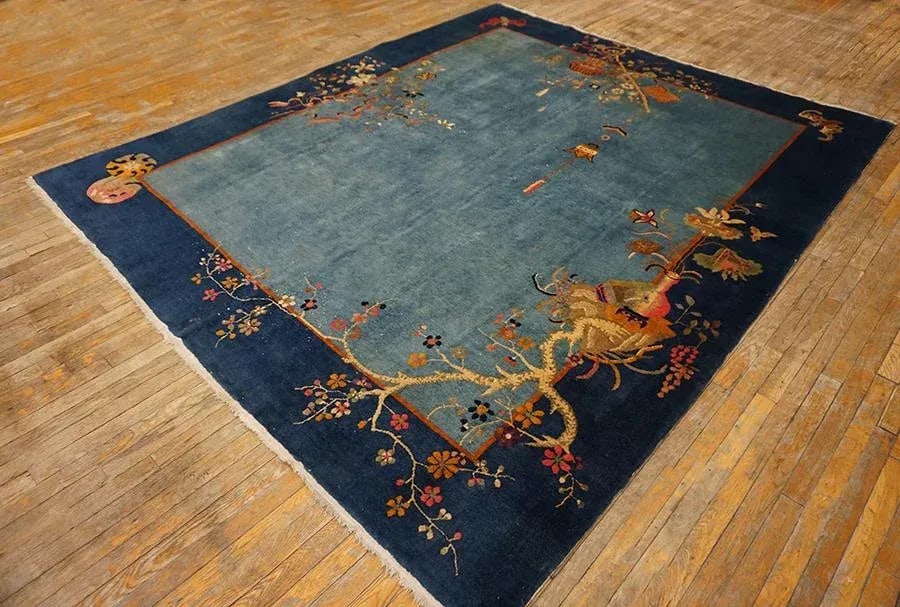 1920s Cornflowers Blue Minimalist Floral Antique Chinese Art Deco Carpet 8' X 9'9" Knotted Wool Rug - 3