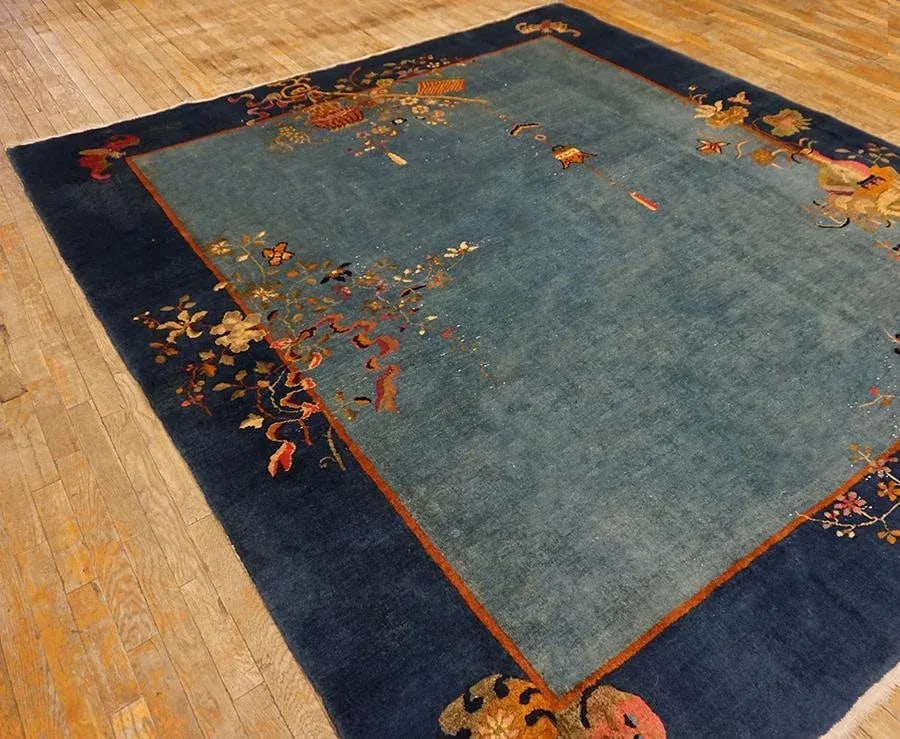 1920s Cornflowers Blue Minimalist Floral Antique Chinese Art Deco Carpet 8' X 9'9" Knotted Wool Rug - 4