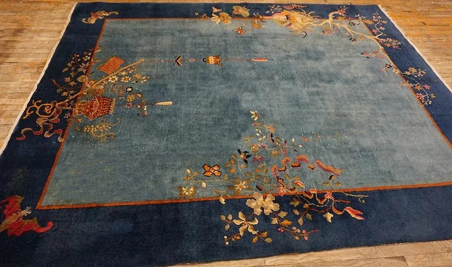 1920s Cornflowers Blue Minimalist Floral Antique Chinese Art Deco Carpet 8' X 9'9" Knotted Wool Rug - 5