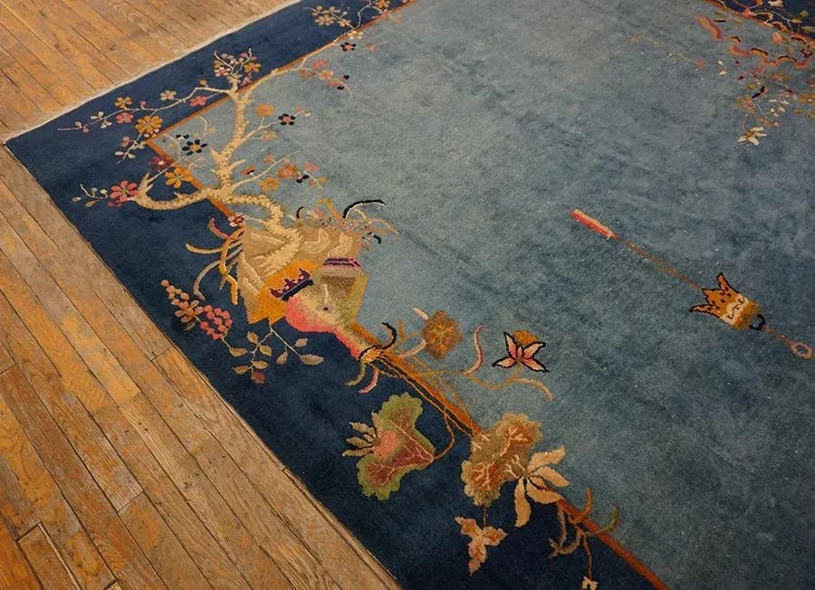 1920s Cornflowers Blue Minimalist Floral Antique Chinese Art Deco Carpet 8' X 9'9" Knotted Wool Rug - 6