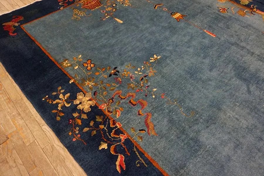 1920s Cornflowers Blue Minimalist Floral Antique Chinese Art Deco Carpet 8' X 9'9" Knotted Wool Rug - 7