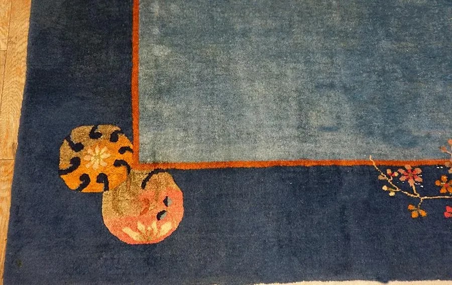 1920s Cornflowers Blue Minimalist Floral Antique Chinese Art Deco Carpet 8' X 9'9" Knotted Wool Rug - 8