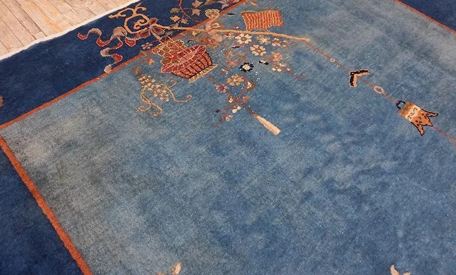 1920s Cornflowers Blue Minimalist Floral Antique Chinese Art Deco Carpet 8' X 9'9" Knotted Wool Rug - 9