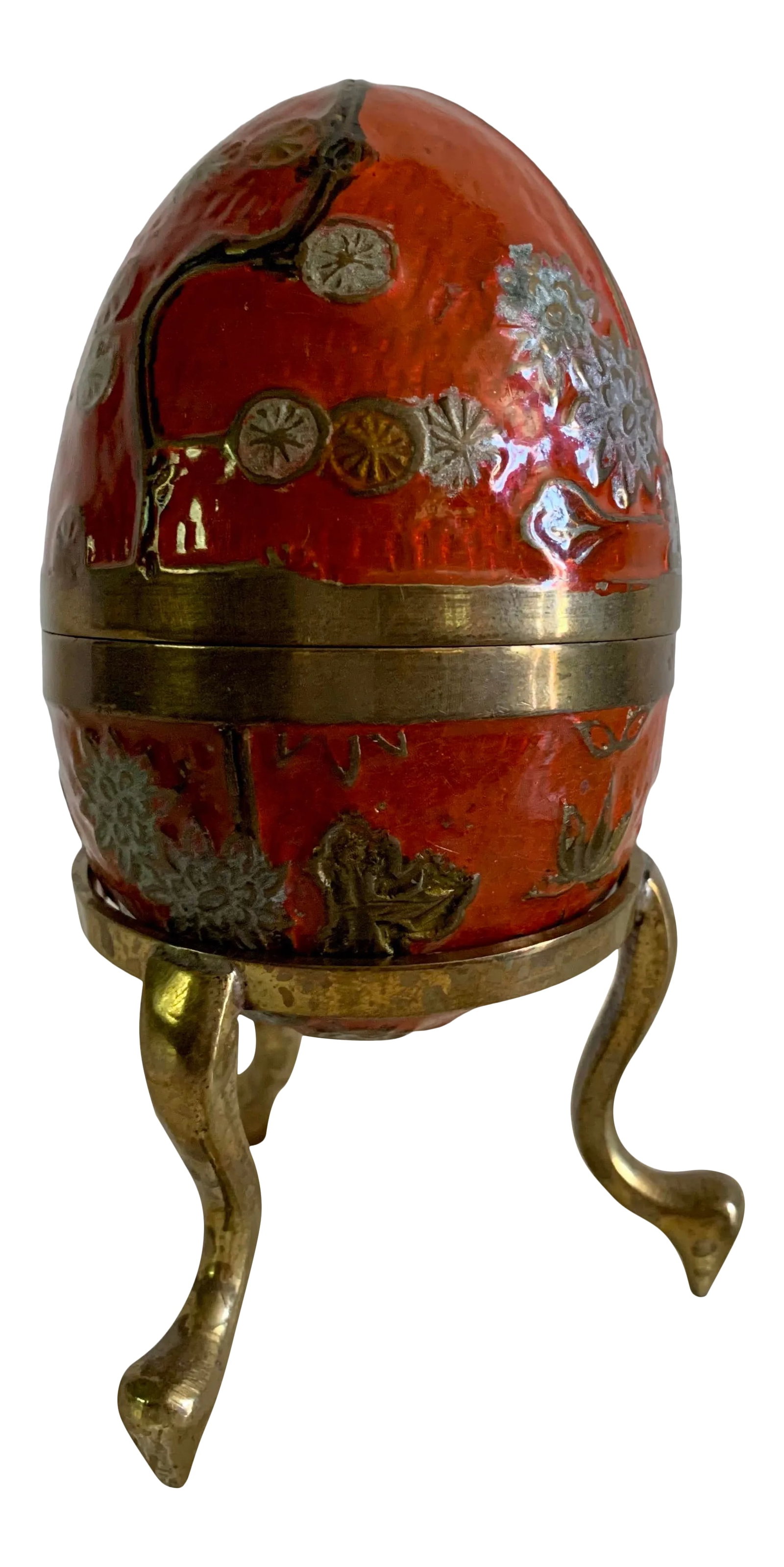 Vintage Mid-Century Brass Cloisonne Egg With Stand: Stunning Solid brass two part Cloisonne egg and brass stand. Pretty shelf or table decor. Condition: Alterations: Original Condition Unaltered Imperfections: Some Imperfections Condition Notes: Great 