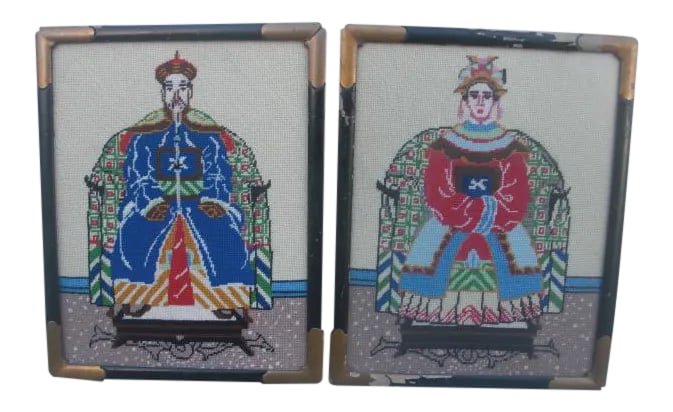 Vintage Emperor and Empress Needlepoints - a Pair: Stunning pair of emperor and empress needlepoints displayed in original black painted frames with gold corner accents (some chipping and missing paint on one frame and a missing frosted glass in the o
