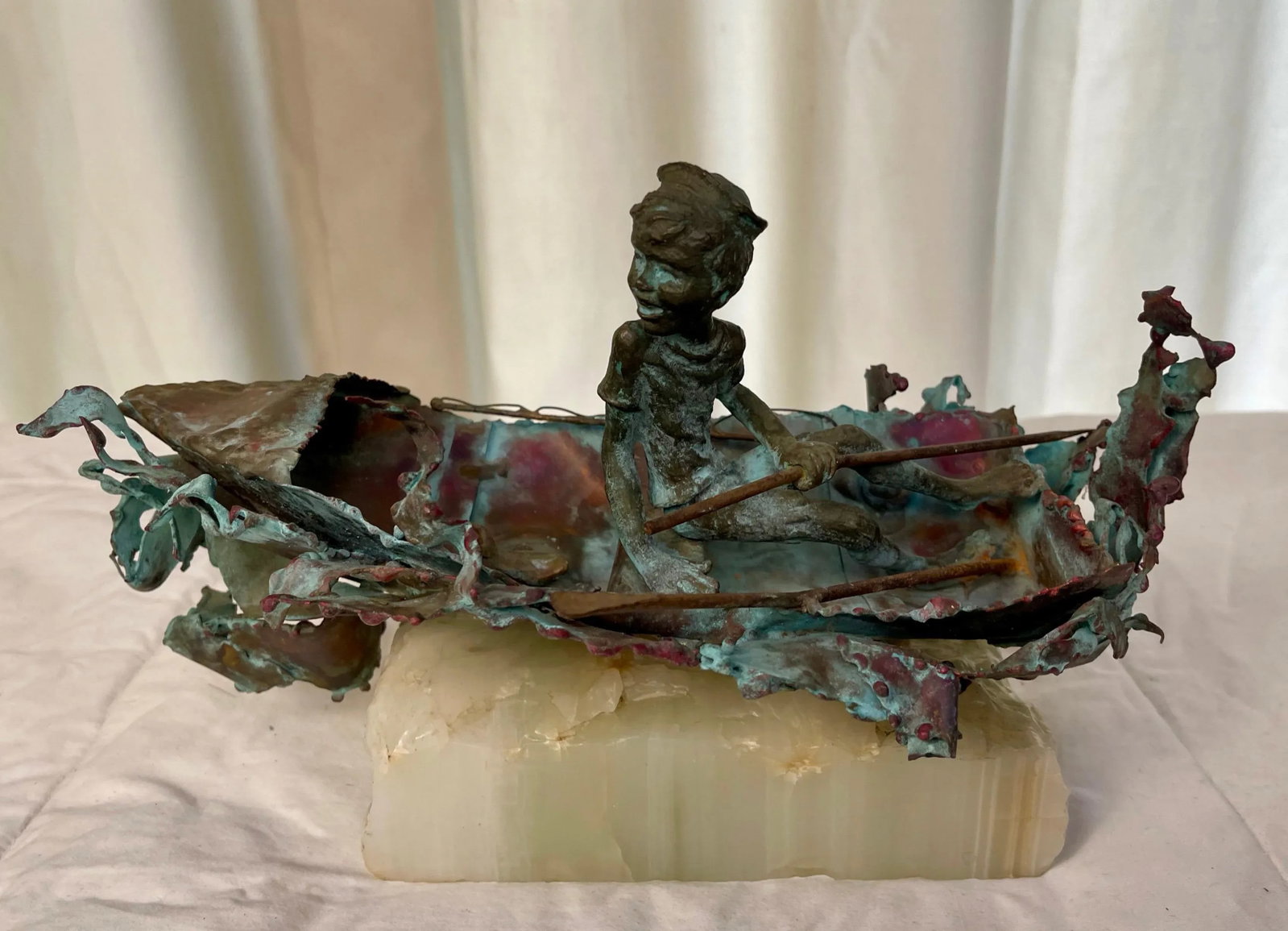 1970s Boy in Boat Metal Sculpture Marked "C Jere" - 12
