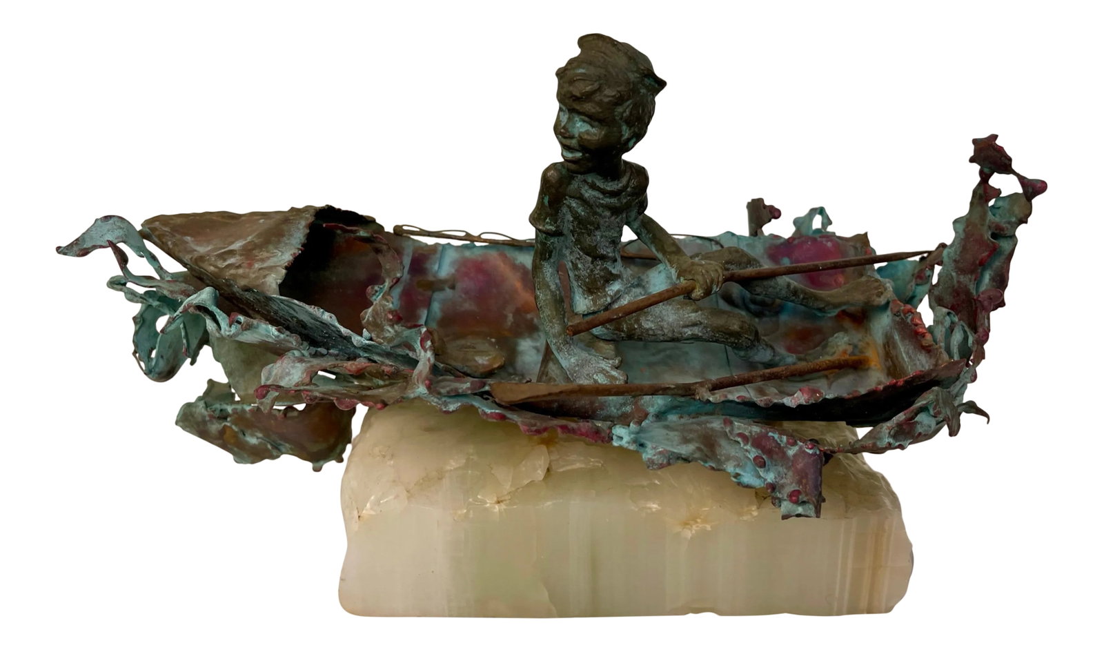 1970s Boy in Boat Metal Sculpture Marked "C Jere": Whimsical sculpture of boy fishing in small boat. Exquisite detail with waves, fishing pole, fish in boat and faux bronze finish. Marked with faint "(C) C Jere" on bottom of one of the waves. Heavy