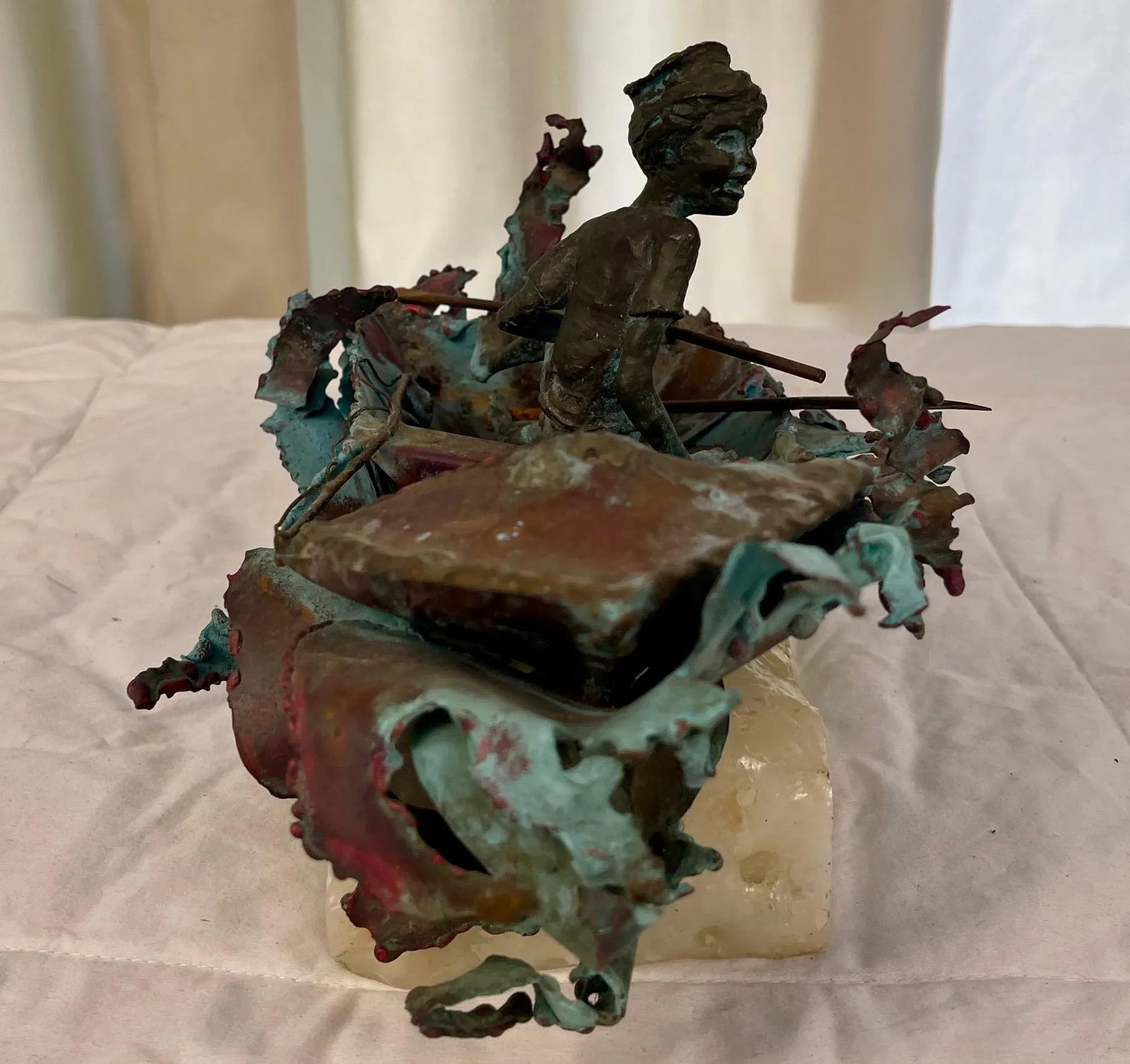 1970s Boy in Boat Metal Sculpture Marked "C Jere" - 2